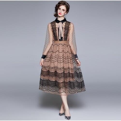 2021 Summer Women Sweet Temperament Peter Pan Collar Dresses Mesh Dot Bow Long Sleeve Slim Female Elegant Dresses