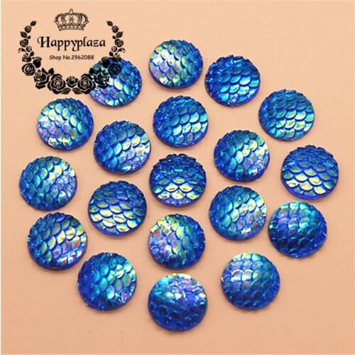 12mm 100pcs Dark Blue AB Resin Fish Scale Flatback Rhinestone Round Cabochon Embellishment Scrapbooking For DIY Crafts