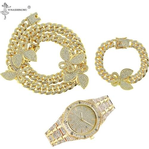 3 Pcs Necklace+Watch+Bracelet Hip Hop Miami Cuban Chain Rose Gold Color Iced Out Paved Rhinestones CZ Bling Rapper Men Jewelry