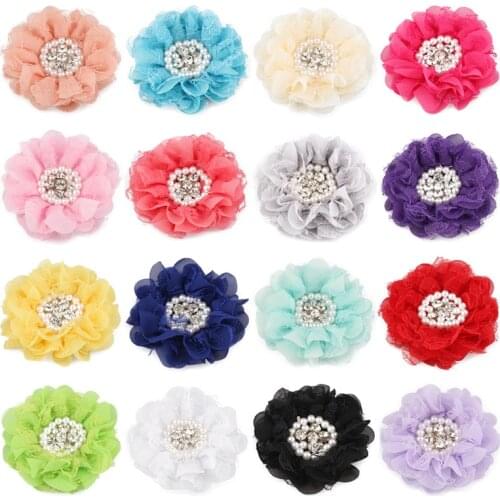 4pcs/lot 16colors 9cm Shabby Chiffon Flowers Fabric Artificial Flowers Petals Poppy Flower+Rhinestones Pearls for Wedding