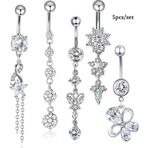 5Pcs/set Belly Piercing Women Belly Button Rings Rose Gold New Steel Rhinestone Sexy Belly Navel Piercing