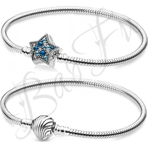 BaoFu New 925 Sterling Silver Bracelet Shiny Blue Bubble Starfish And Shell Snake Chain Suitable For Original Female DIY Jewelry