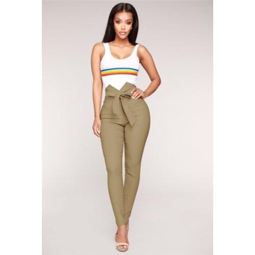 Women Casual High Waist Pencil Trousers Belt Bow Tie Slim Pants Skinny Stretch Solid Pants Sashes Pencil Trousers