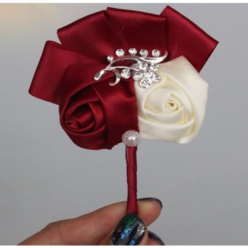 Best Man Groom Boutonniere Ivory Wine Red Satin Rose Flower Corsage Wedding Party Prom Man Suit Brooch Flowers de novia XH1317-5
