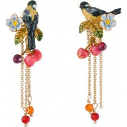 European and American New Product Enamel Glaze Hand-painted Yellow Oriole Bird Small Cherry Earring Long Tassel Earring Jewelry
