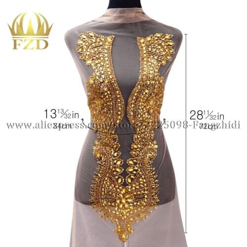 FZD 5 pieces Beaded Gold Handmade Rhinestone Patches for Sparkle Stone Wedding Dress Motif Bridal Dress DIY