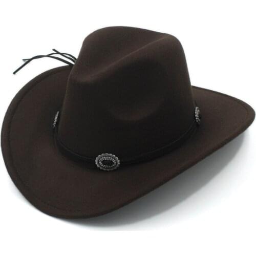 LUCKYLIANJI Wool Felt Western Cowboy Hat Wide Brim Cowgirl Retro Band Sombrero For Adult / Kid (Choose Size:57cm/54cm)