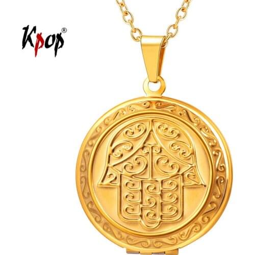 Kpop Heart Photo Frame Floating Locket Pendants Vintage Stainless Steel Gold Color Hand of Fatima Charm Necklace for Women P3477