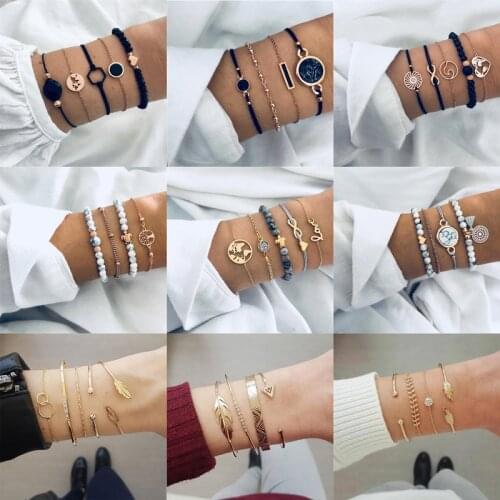 LETAPI 2021 New Fashion Bohemian Stone beads bracelets Set For Women Gold Color Heart Round Tassel charm Bangle Fashion Jewelry