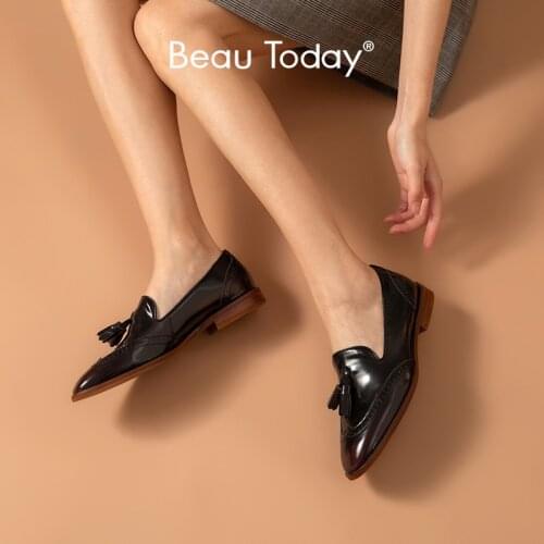 BeauToday Loafers Women Fringe Genuine Cow Leather Slip On Wingtip Round Toe Glazed Ladies Leisure Flats Shoes Handmade 27190