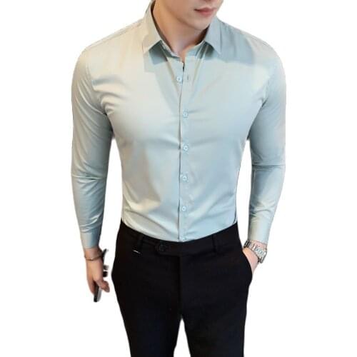 2021 Neckline Embroidery Mens Long Sleeve Casual Slim Fit Men Dress Shirts Solid Color Formal Business Social Clothing Blouse