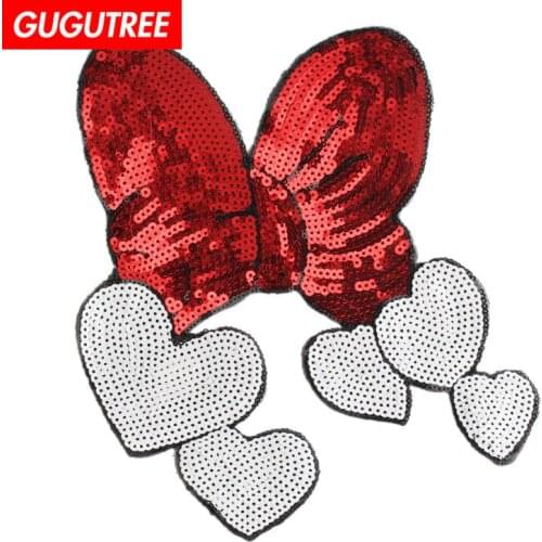 GUGUTREE embroidery paillette big bowknot patches sequin patches loving heart patches badges applique patches for clothing
