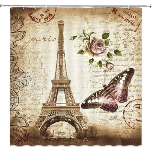 Paris Towers Shower Curtain Bathroom Decor Flower Butterfly Nostalgic Retro Style Polyester Fabric Bath Supplies Curtains Sets