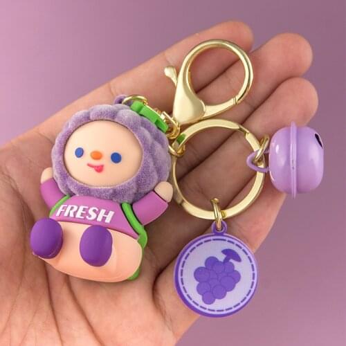 PVC Cartoon Fresh Fruit Doll Metal Keychain Pink Purple Green Orange Bell Girl Boy Pendant Bag Car Key Ring Jewelry Lanyard Gift