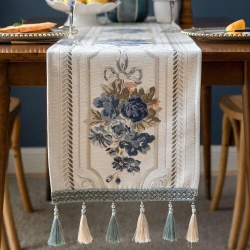 Nordic Style Luxury Flower Jacquard Blue and Beige Table Runner with Tassel Dining Table Cover Decoration