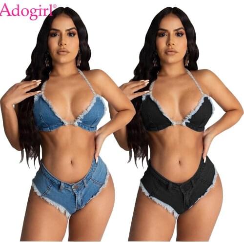 Adogirl Sexy Denim Two Pieces Sets Swimsuit Diamonds Halter Bra Crop Top Mini Shorts Suit Fashion Bathing Suit Beach Night Club