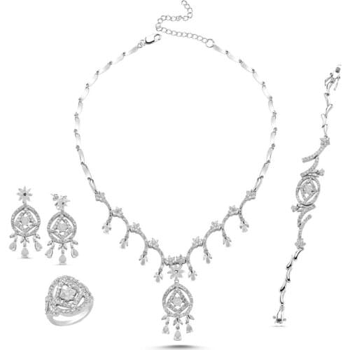 Silverlina Silver Zircon Stone Necklace, Bracelet, Earrings and Ring Set