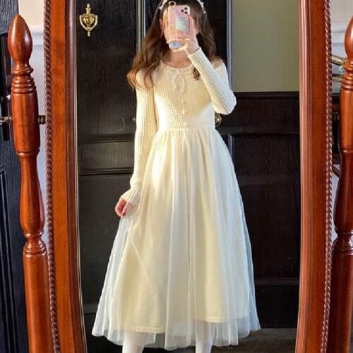 Spring Lace Knitted One Piece Dress Korean Fashion Bow Office Elegant Sweater Dress Female 2021 Women Party Fairy Kawaii Dress