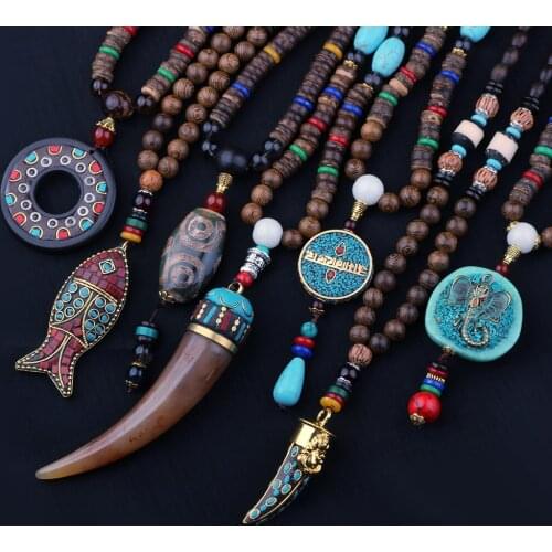 Vintage Handmade Necklace Nepal Buddhist Mala Wood Beads Pendant & Necklace Ethnic Fish Horn Long Statement Men Womens Jewelry