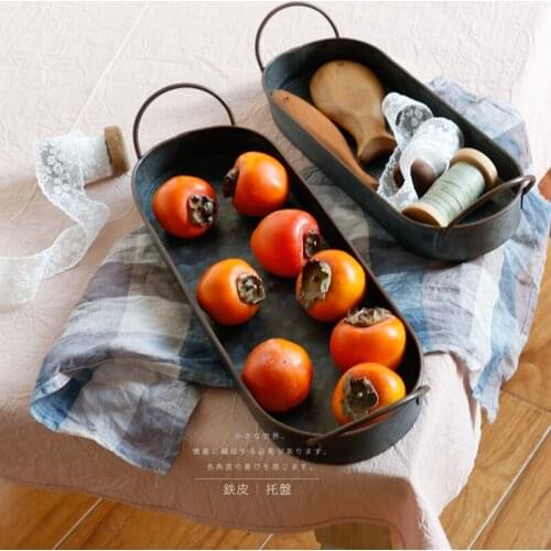 Retro Iron Tray Vintage Metal Storage Tray Breakfast Bread Cake Snack Plate Rectangular Box Iron Pan Photography Props