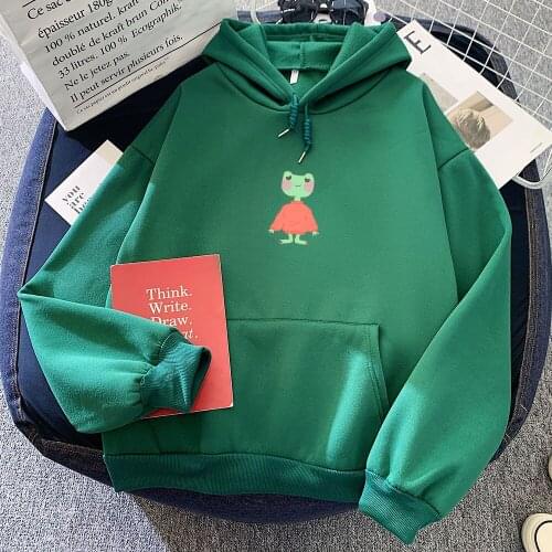 Women Autumn Thick Warm Loose Sweatshirt Harajuku Kawaii Frog Printed Hoodie Casual Hooded Hoodies Kangaroo Pocket Pullover Top