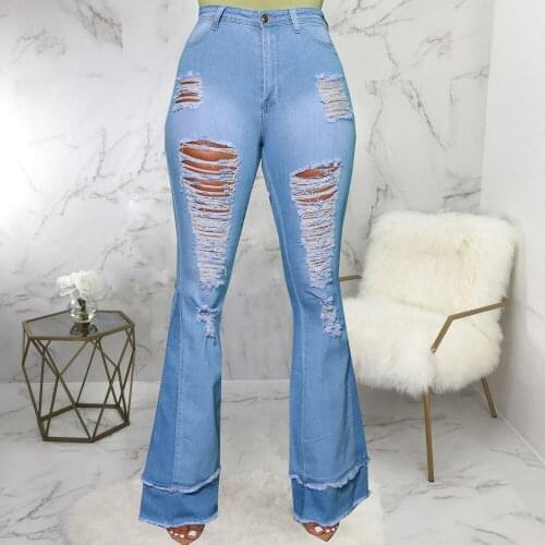 Elastic Hight Streetwear Bell Bottom Jeans for Women High Waist Hollow Out Flare Denim Pant Fashion Slim Fit Skinny Trousers