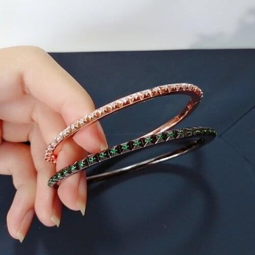 SLJELY Luxury Brand 925 Sterling Silver Pink Black and Green Zirconia Spike Hedgehog Bangle Cuff Women Fashion Bracelet Jewelry