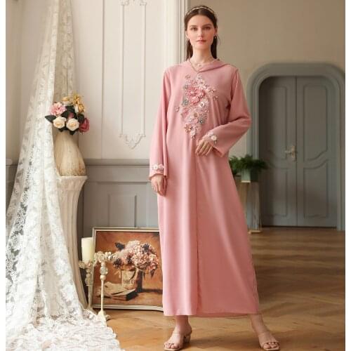 Kaftan Turkey Arabic Dress Floral Embroidery Moroccan Dubai Abaya 2021 Women Muslim Long Dresses Casual Woman jalaba Pink