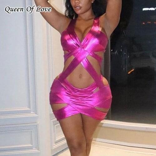 Cut Out PINK Strap Skinny Sexy V-Neck Mini Dress Autumn Winter Women Fashion Party Club Elegant Outfits Sleeveless Dresses