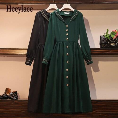Plus size women vintage sailor collar green dress for women retro elegant lady long sleeve enpire formal office ladies dresses