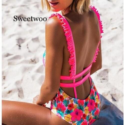 2020 Sexy One Piece Swimsuit Female Women Ruffle Floral Swimwear Backless Bikini