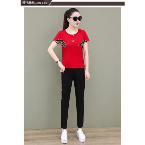 2021 Summer Womens Leisurewear Athleisure Art letter Round Neck Short Sleeve Tshirt And Long Pants Two Pieces Set
