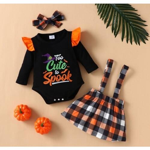 2021 Baby Halloween Clothes Baby Girl Clothes 3 Pcs Sets Letter Flying Sleeve Long Sleeve Tops+Suspender Skirt+headband 0-18M