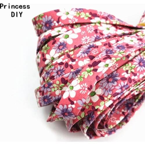 5M/Lot 3/8'' Hair Bow Material PU Pink Floral Print Ribbon 10mm Faux Leather Cord Rope Bias DIY Bracelet Chocker Necklace Craft