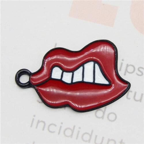 Julie Wang 5PCS Enamel Red Lip Charms Spray Paint Sexy Mouth Alloy Black Tone Necklace Findings DIY Jewelry Making Accessory