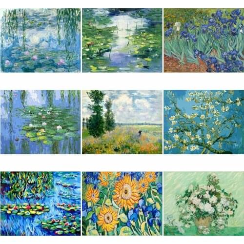 Diamond Painting Scenery Sunflower Pond Lotus Leaf Lotus Blue Purple Flowers Grass Trees White Roses In Pots Color Oil Painting