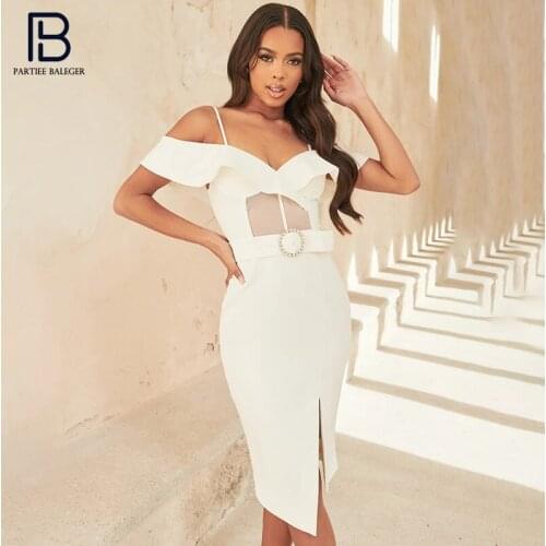PB Stylish High Waist Sashes Design White Slip Dress V Neck Short Sleeves Celebrity Party Club Bandage Vestido Free Shipping