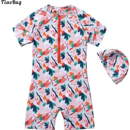 TiaoBug 2Pcs Kids Girls One-Piece Swimwear Stand Collar Short Sleeves Front Zipper Shorts Beach Jumpsuit With Swimming Cap Set