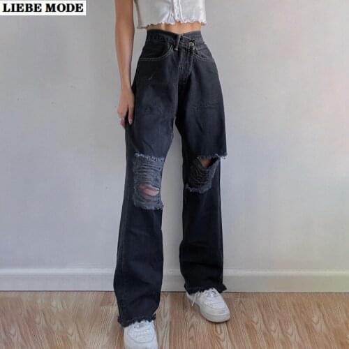 Womens Black Knee Hole Jeans Denim Pants Teen Girls Boyfriend Straight Leg Ripped Jeans for Women Loose Fit Long Mom Jean Femme