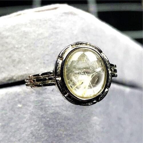 11x8mm Natural Gold Rutilated Quartz Ring Jewelry For Woman Lady Man Crystal Round Beads Silver Gemstone Adjustable Ring AAAAA