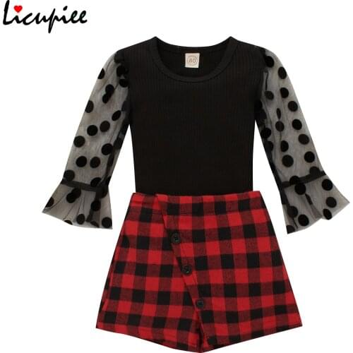 0-3 Years 2pcs Sweet Style Little Girls Outfit, Summer Mesh Splicing Dot Long Sleeve Round Collar Tops + Plaid Pantskirt Set
