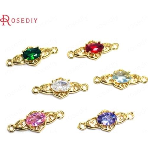 10PCS 7x18MM 24K Champagne Gold Color Brass and Zircon 2 Holes Oval Shape Charms Pendants Jewelry Making Supplies Diy Findings