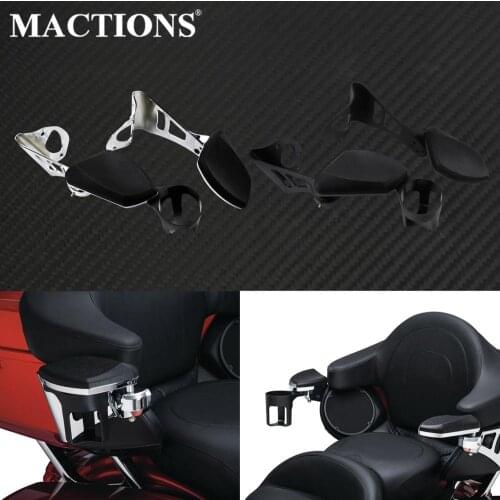 Motorcycle Adjustable Passenger Armrests w/ Cup Holder Removable Arm Rests For Harley Touring Electra Road Glide Ultra Tri 14-19