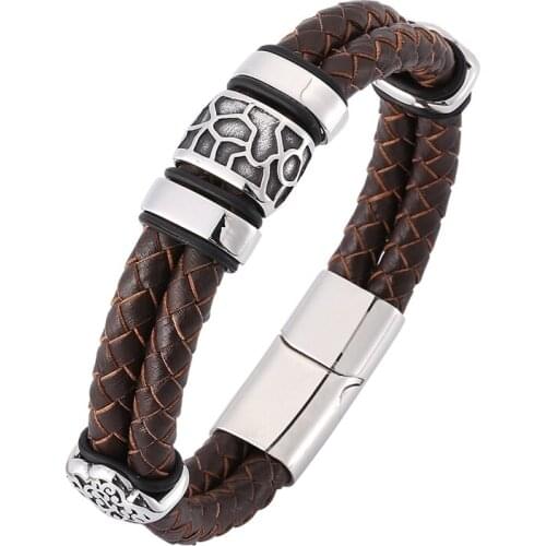 Men Jewelry Brown Double Braided Leather Rope Bracelet Male S.Steel Casual Leather Wristband Bracelet Men PD0379