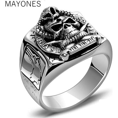 Punk Rock Skull Ring & US Army Soldier Sniper Ring Solid Real 925 Sterling Silver for Men Vintage Thai Silver Jewelry