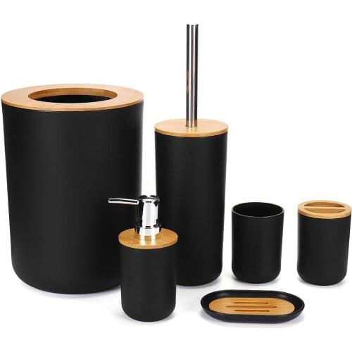 Bamboo Six-Piece Cleaning Tool Set Toilet Brush Toothbrush Holder Cup Soap Holder Lotion Dispenser Bathroom Accessories Sets