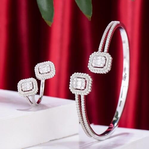 GODKI Luxury Shiny Square Bangle Ring Set For Women Full Micro Cubic Zircon Pave Party Wedding Saudi Arabic Dubai Jewelry 2021
