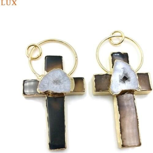 Natural Agates Druzy Cross Pendant Gems-Stone Crystal Quartz Charm For Necklace Jewelry DIY Making Accessories