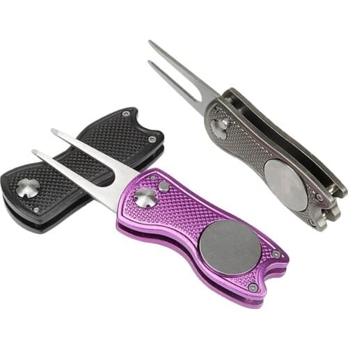 Stainless Steel Folding Golf Divot Repair Fork with Magnetic Button Pitch Groove Remover Cleaner Pitchfork Switchblade Tool