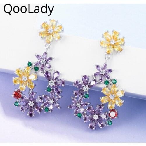 QooLady Brand Bridal Jewelry Elegant Yellow Pink Green Cubic Zirconia Big Flower Leaf Dangle Drop Earring for Wedding Party E066
